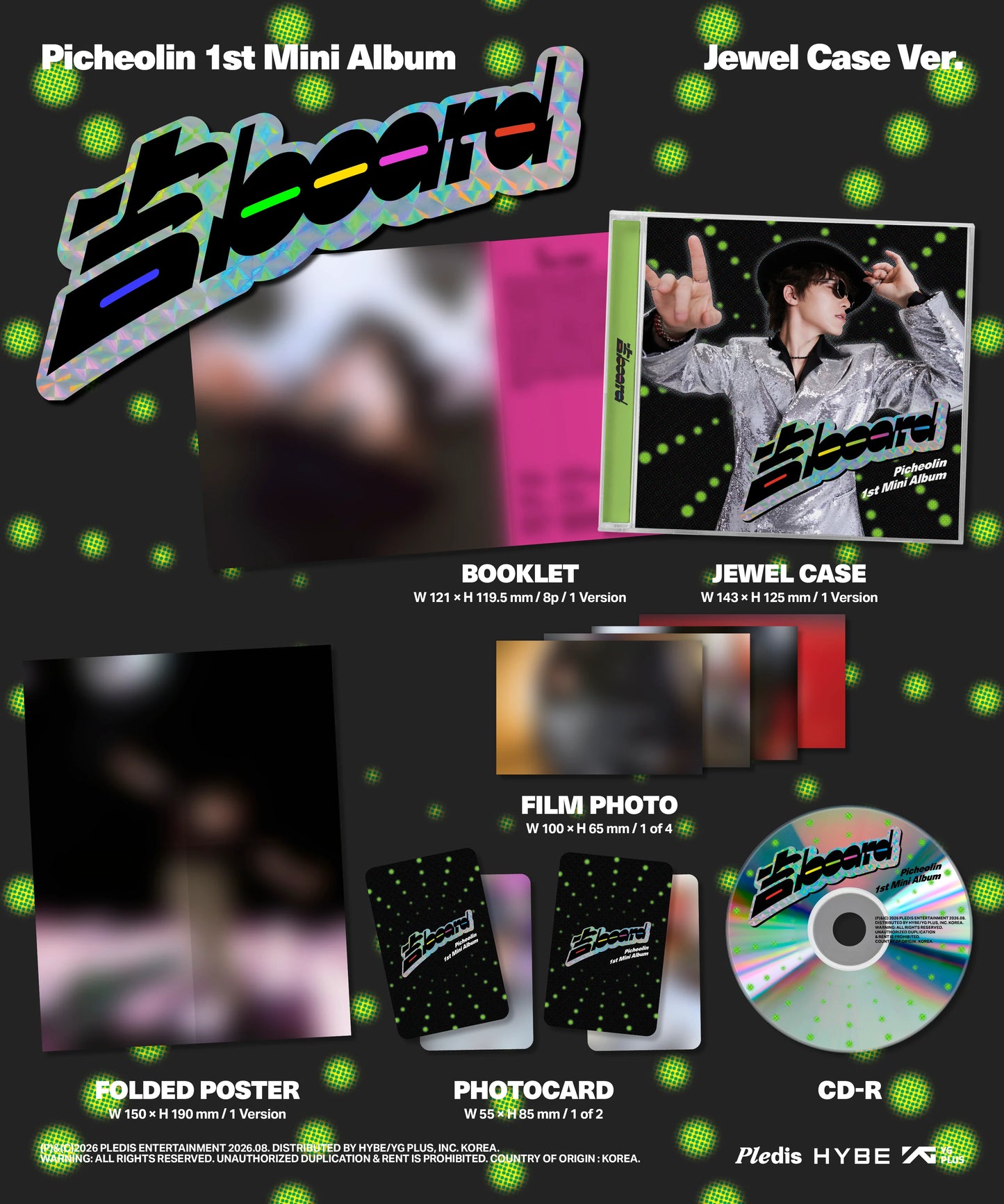 Inclusions for Picheolin's 1st Mini Album in Jewel Case Version, showing the jewel case, booklet, folded poster, photocard, CD-R, and film photo on a dark background with green dots.