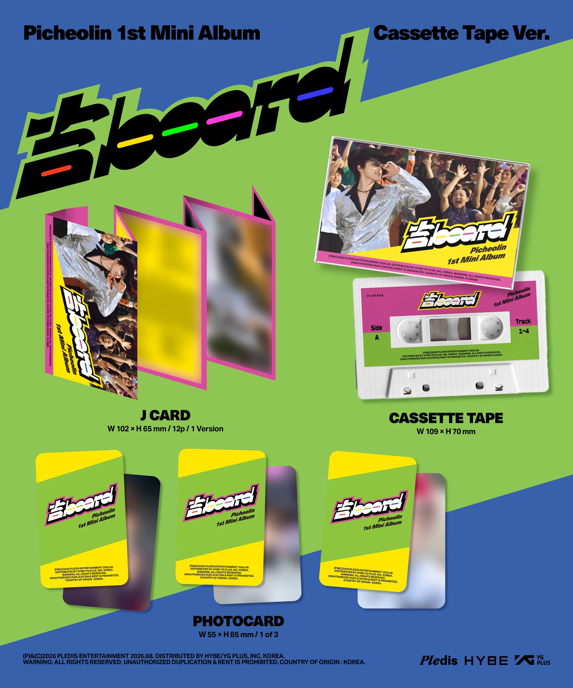 Album inclusions for Picheolin’s 1st Mini Album Cassette Tape Ver., showing the cassette tape, J card, photocard, and album cover on a bright green and blue background 