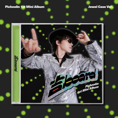 Picheolin's 1st Mini Album jewel case cover art shown on a dark background with bright green dot patterns. The cover features a person in a shiny silver jacket and black hat, with the text 'Picheolin 1st Mini Album' and 'Jewel Case Ver.'
