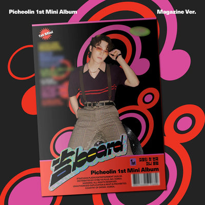 Picheolin 1st Mini Album Magazine Ver. cover art shown as a magazine-style item on a black background with bold pink, red, and orange patterns