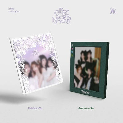 Two covers of QWER's 4th mini album with white floral designs and green photoframe cover and text on a light gray background