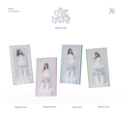 Four different versions of a booklet cover of QWER's 4th mini album with the individual members in various poses on a white background.