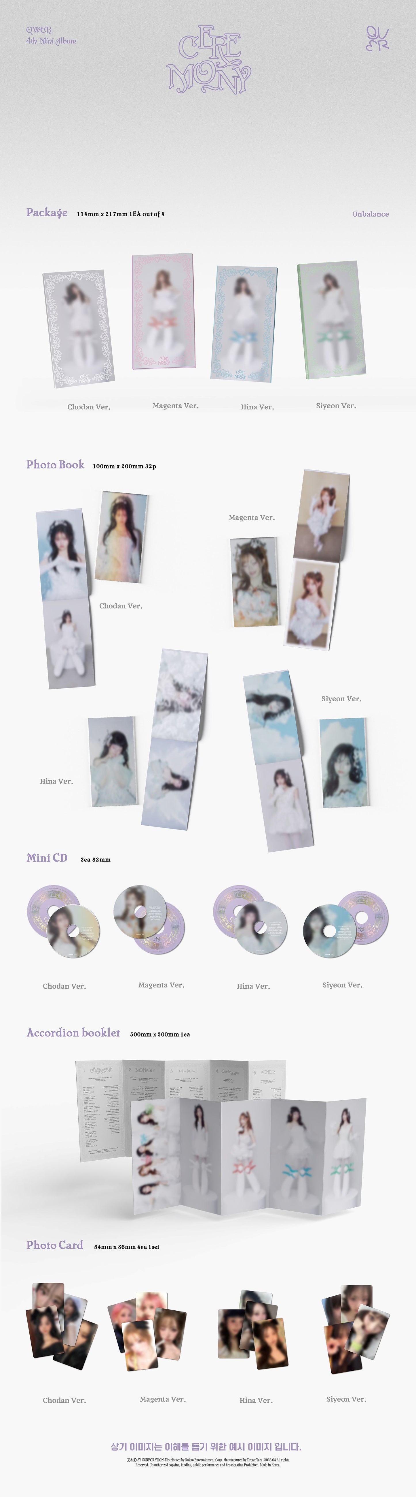 Inclusions display of QWER's 4th mini album with photos with various poses on a white background