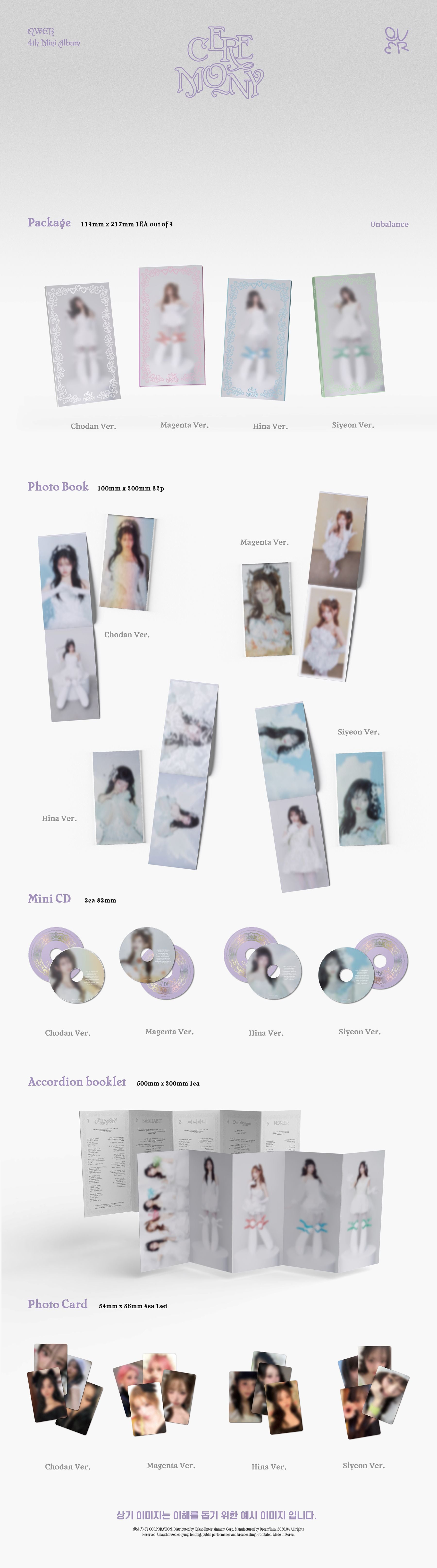 Inclusions display of QWER's 4th mini album with photos with various poses on a white background