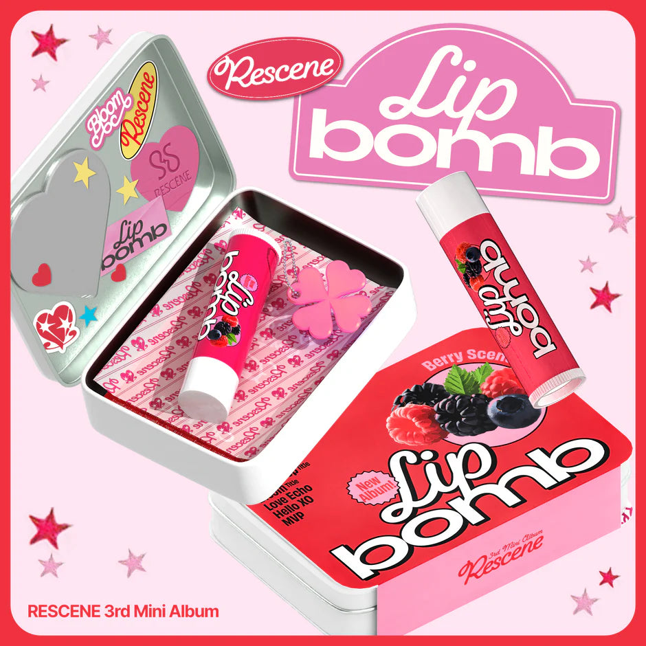 Rescene's 3rd mini album lip bomb version packaging on a pink background
