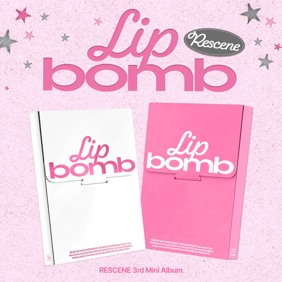 Two 'Lip bomb' packages on a pink background with stars, featuring the Rescene brand.