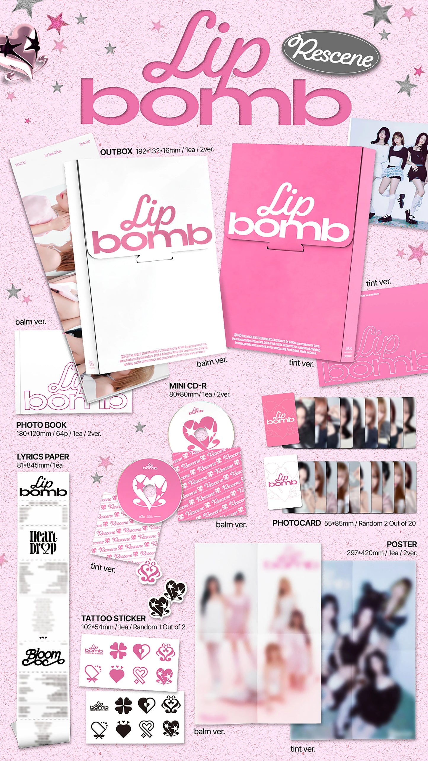 Collection of RESCENE's 'Lip Bomb' album inclusions and promotional materials on a pink background
