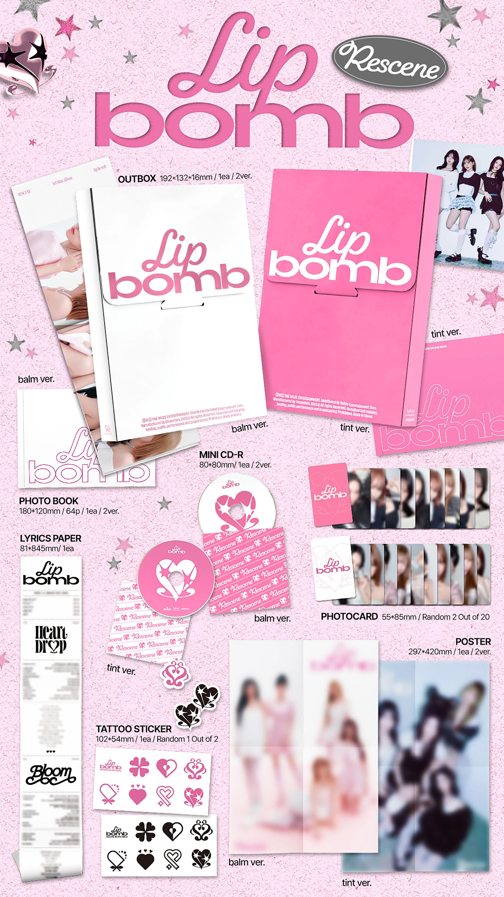 Collection of RESCENE's 'Lip Bomb' album inclusions and promotional materials on a pink background