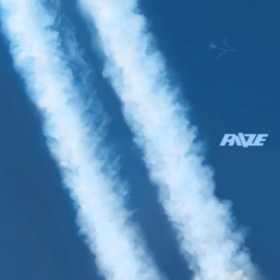 Airplane flying in a blue sky with contrails and RIIZE's visible logo.