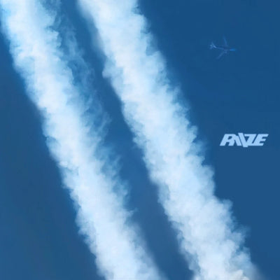Airplane flying in a blue sky with contrails and RIIZE's visible logo.