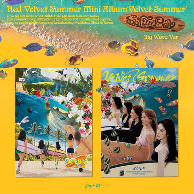 Red Velvet's 'Summer Mini Album' cover art featuring a bright yellow border, tropical ocean waves, colorful fish, and two album cover images on the left and right, with the 'Surfin' Boy' logo at the top.