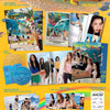 A promotional collage for the Red Velvet's 'Summer Mini Album' featuring multiple printed photos within a photobook, a yellow and blue CD, postcards, folded poster, tattoo sticker and photocard shown on a bright yellow background