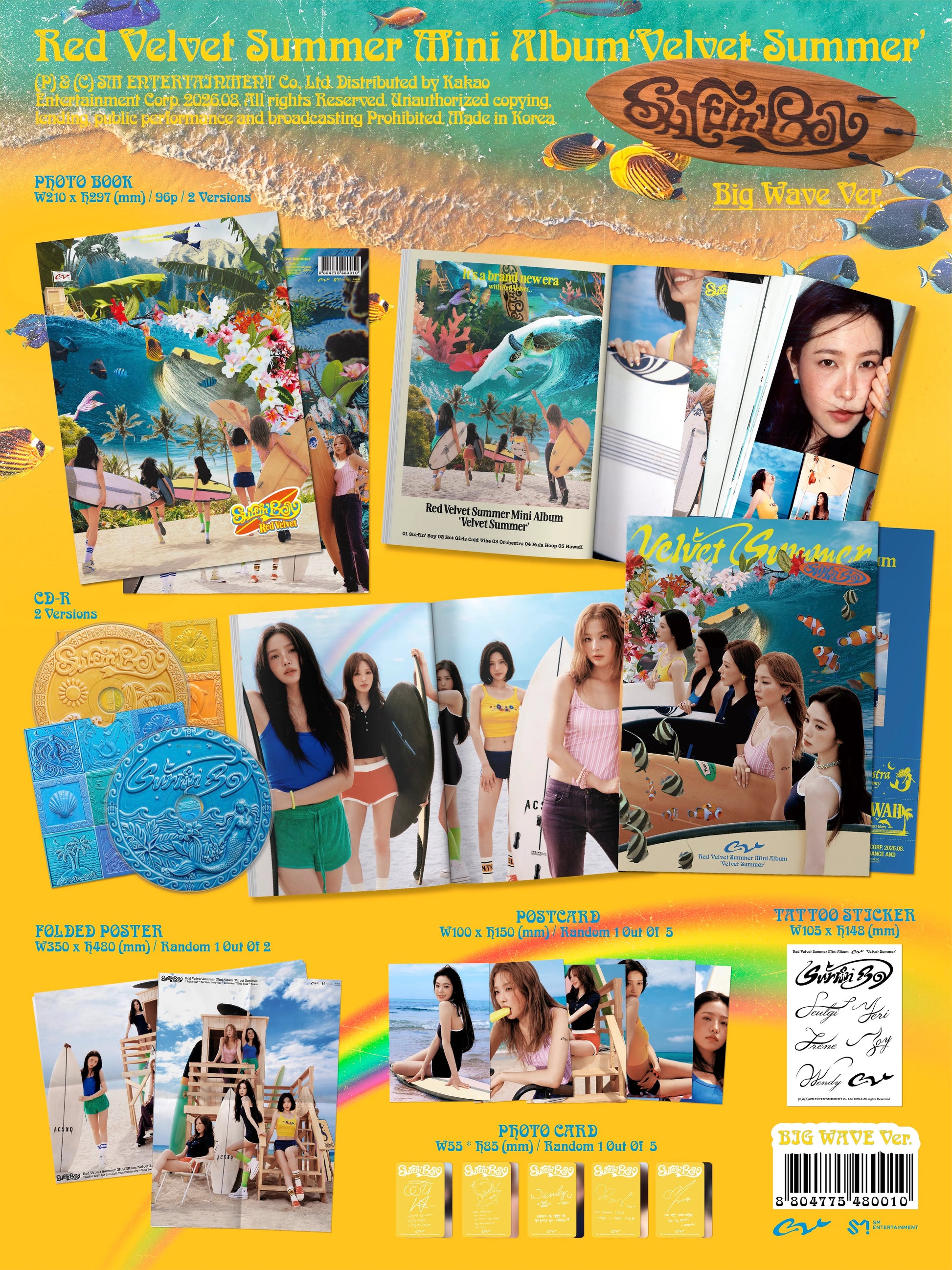A promotional collage for the Red Velvet's 'Summer Mini Album' featuring multiple printed photos within a photobook, a yellow and blue CD, postcards, folded poster, tattoo sticker and photocard shown on a bright yellow background