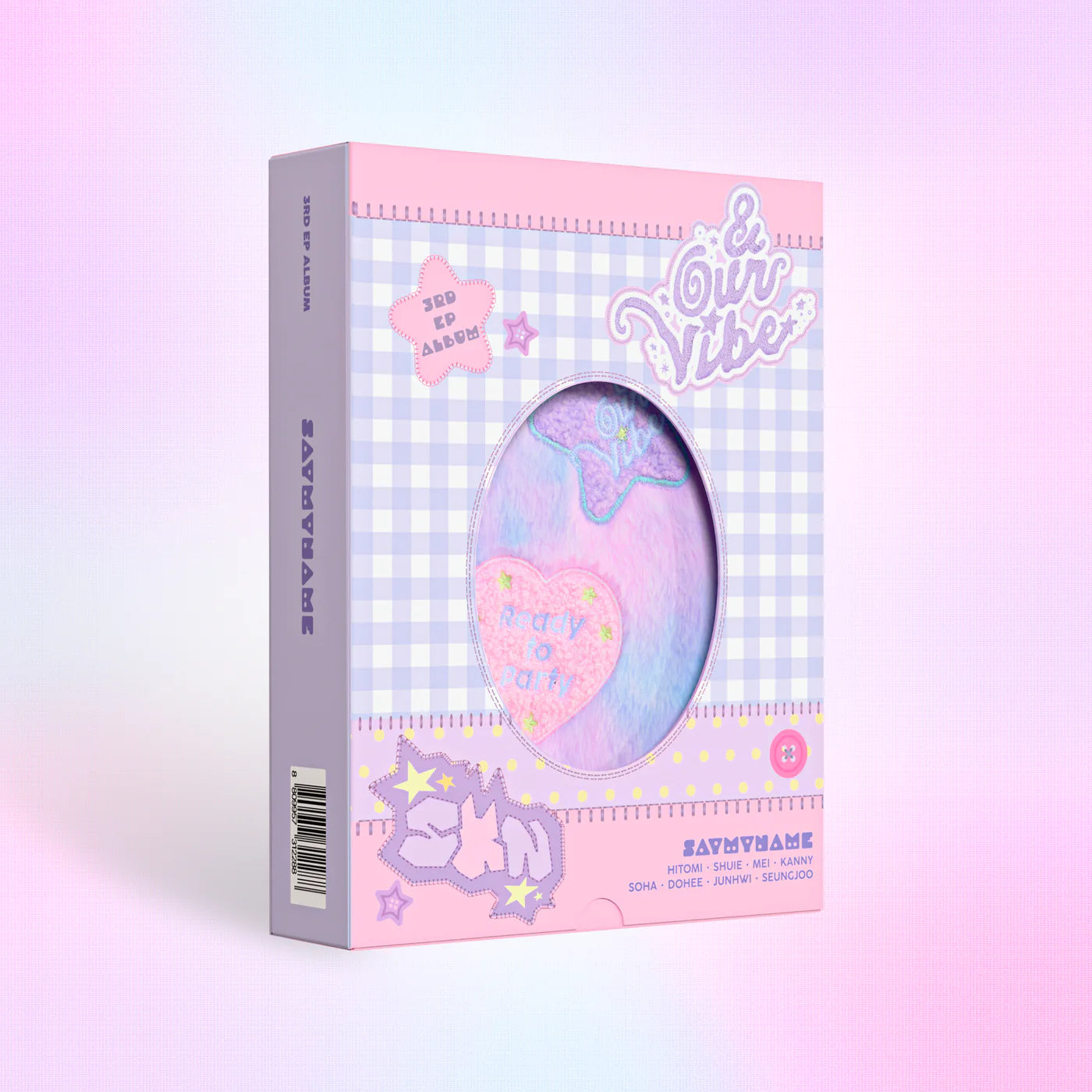 Pastel-colored product packaging with SAY MY NAME's 'Our Vibe' album branding on a gradient background