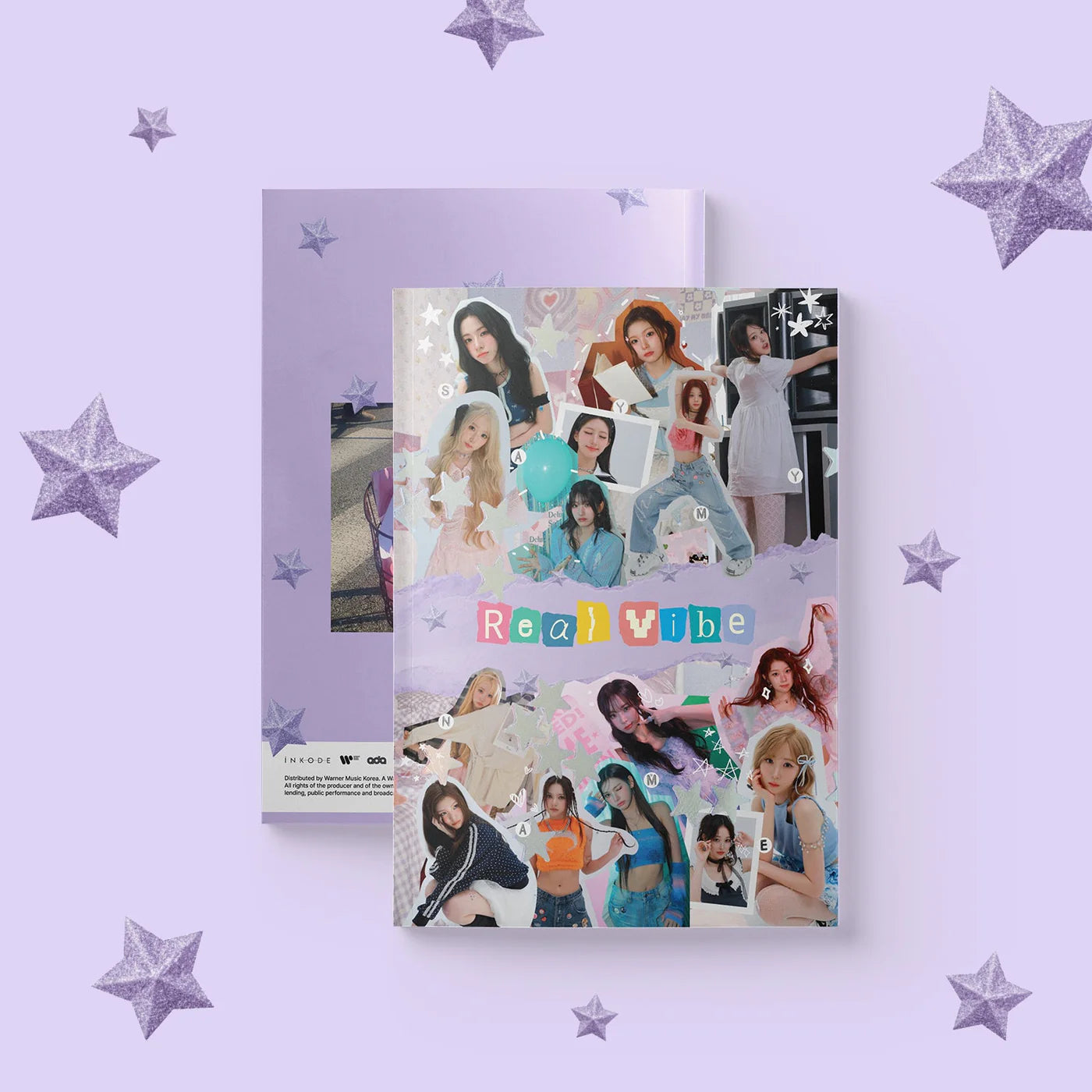 SAY MY NAME's photo collage as their 3rd ep's album cover on a purple background with 'Real Vibe' text and stars