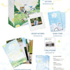 A detailed inclusion description for Seo Eunkwang's 'One Youth' album, showing the illustrated outer box, mount keyring, scent card, concept photo card, QR code, and selfie photo cards against a light blue and white background with pastel decorative elements.