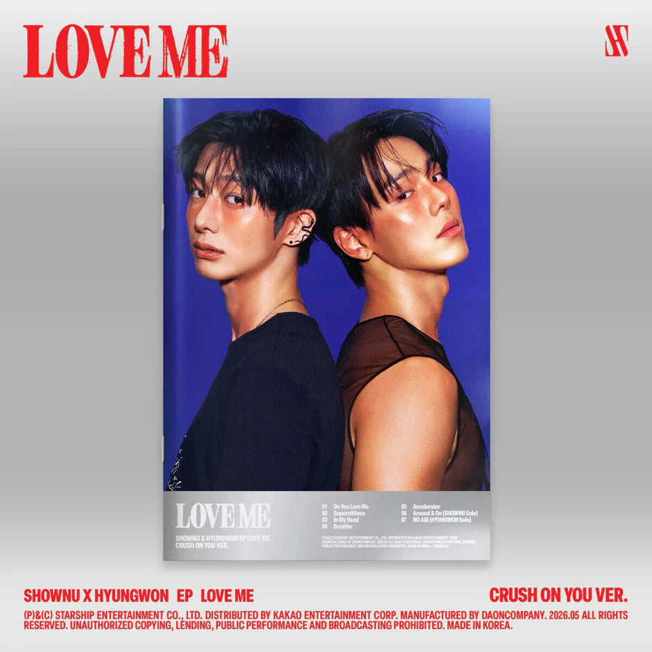 Album cover for 'LOVE ME' by SHOWNU & HYUNGWON featuring them with a blue background.