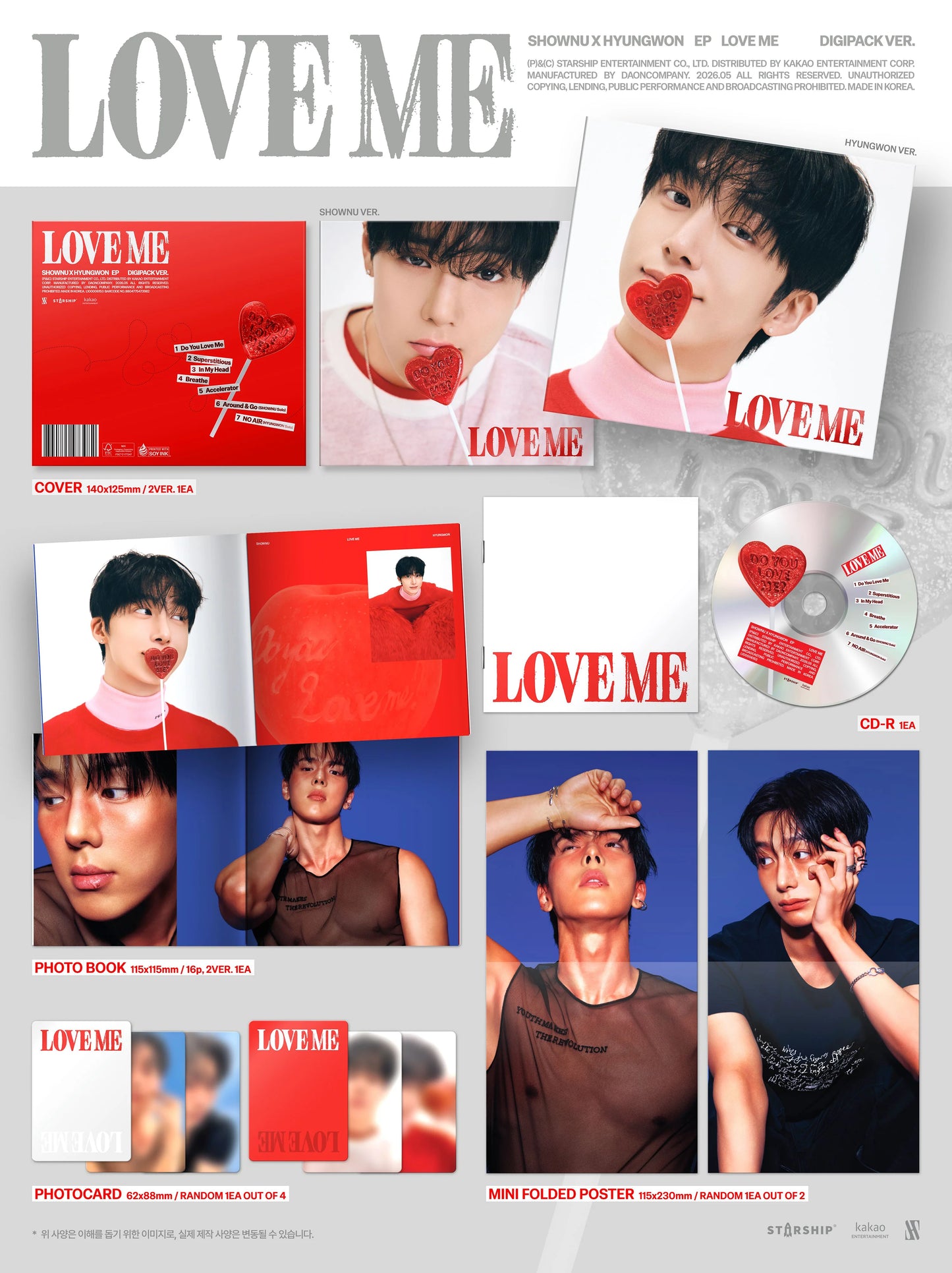 Promotional material for a music album titled 'LOVE ME' featuring various items