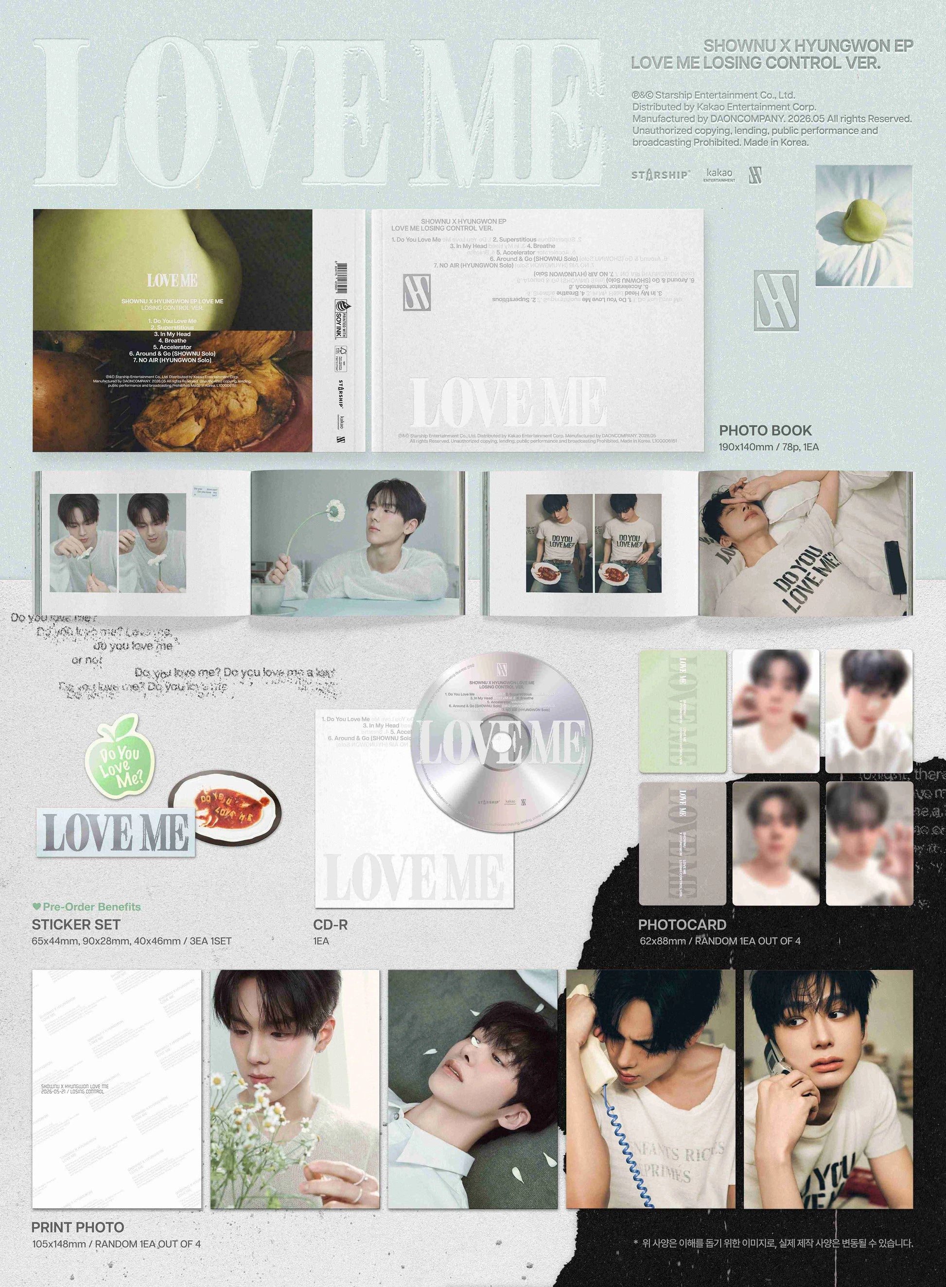 Inclusions of a SHOWNU & HYUNGWON's music album with various items showing photos and text on a light gray background