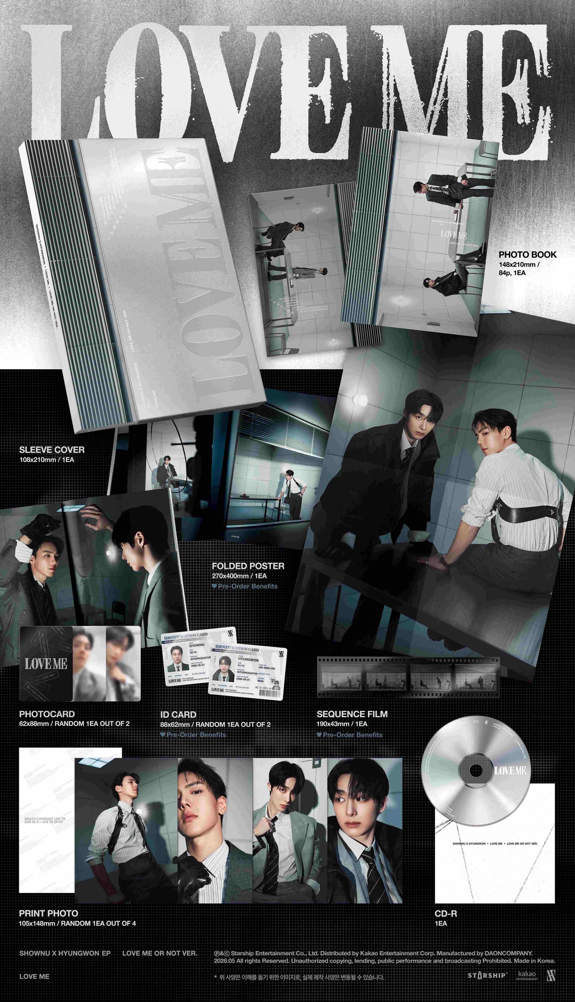 Promotional material for 'LOVE ME' album inclusions showing photos of SHOWNU & HYUNGWON 