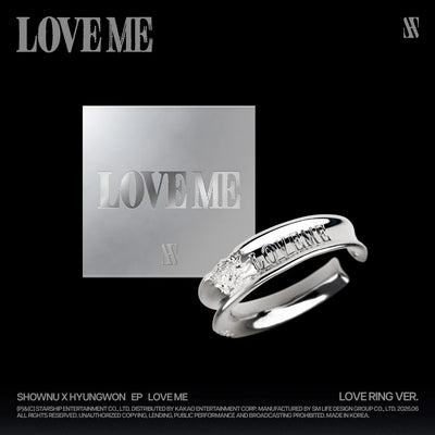 Silver ring with 'LOVEME' engraving and a matching card on a black background for SHOWNU & HYUNGWON's album