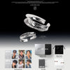 Product display of SHOWNU & HYUNGWON's 'LOVEME' album inclusions with rings, sleeve, box, card, and photo card on a black background.