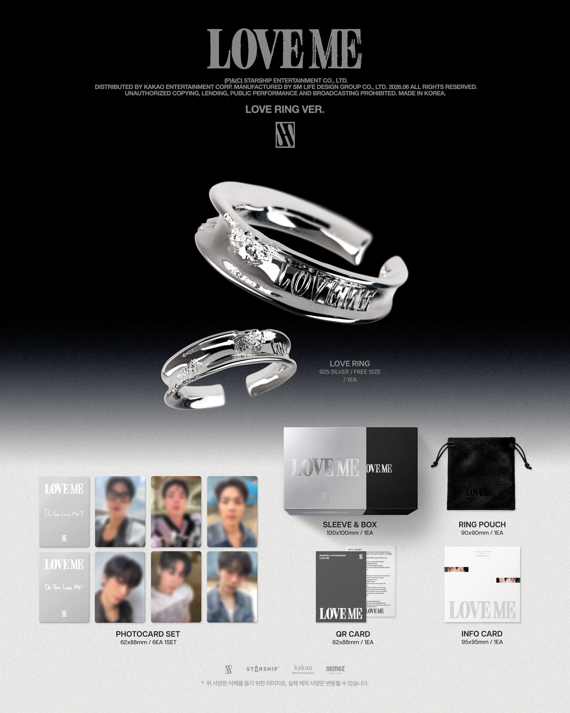 Product display of SHOWNU & HYUNGWON's 'LOVEME' album inclusions with rings, sleeve, box, card, and photo card on a black background.