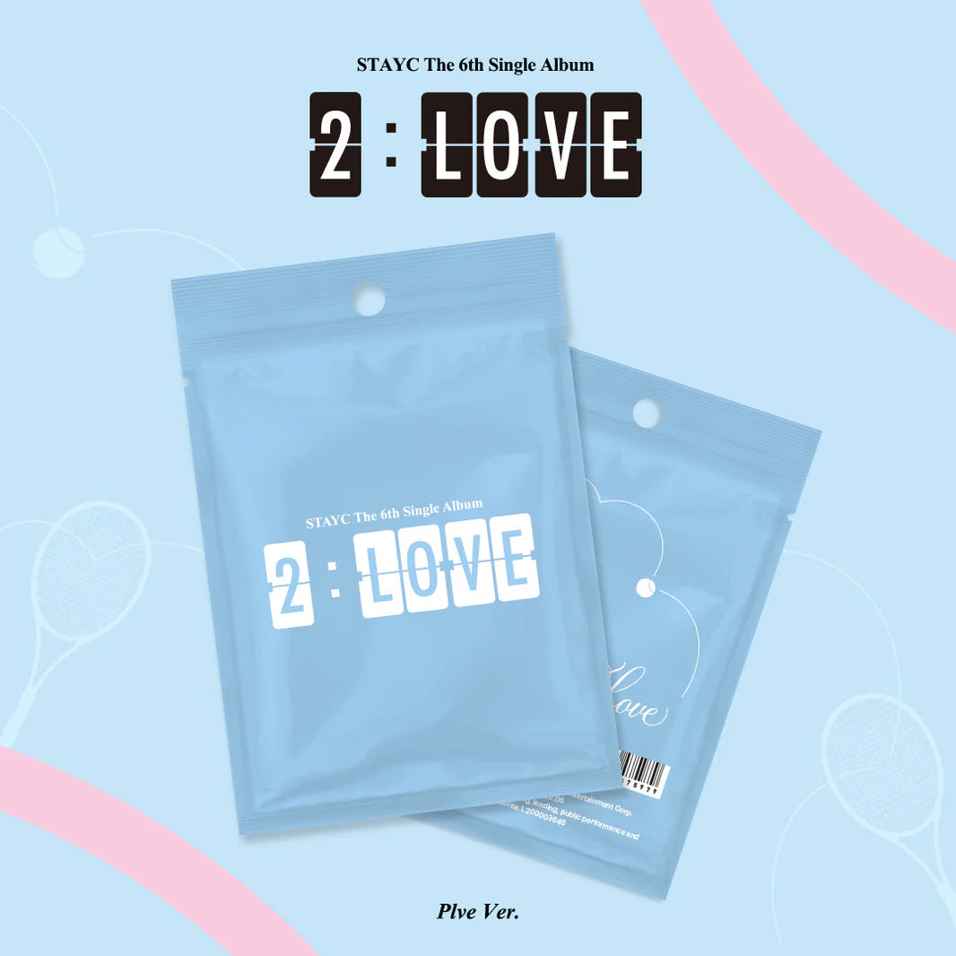 STAYC '2: LOVE' album packaging on a light blue background