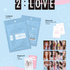 Promotional image of STAYC's 6th single album '2:LOVE' with inclusions on a light blue background.