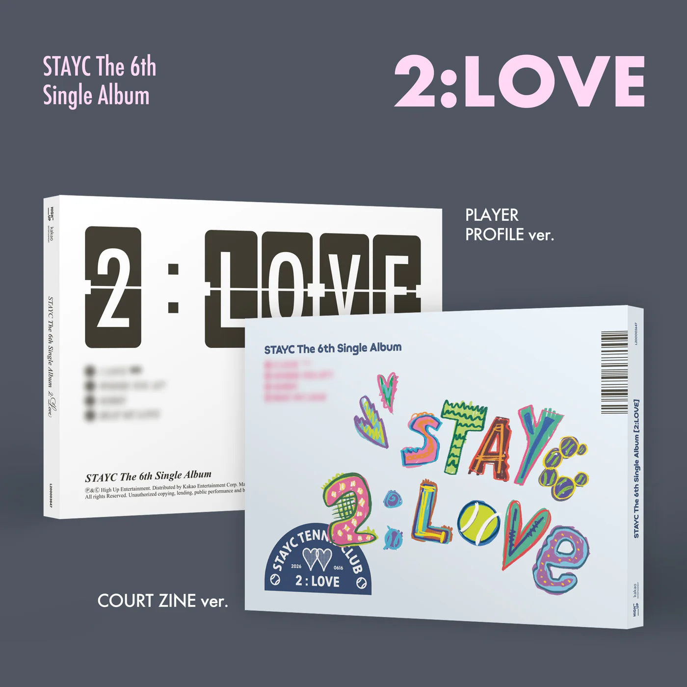 Two album covers for STAYC's 6th single album '2:LOVE' on a dark gray background.