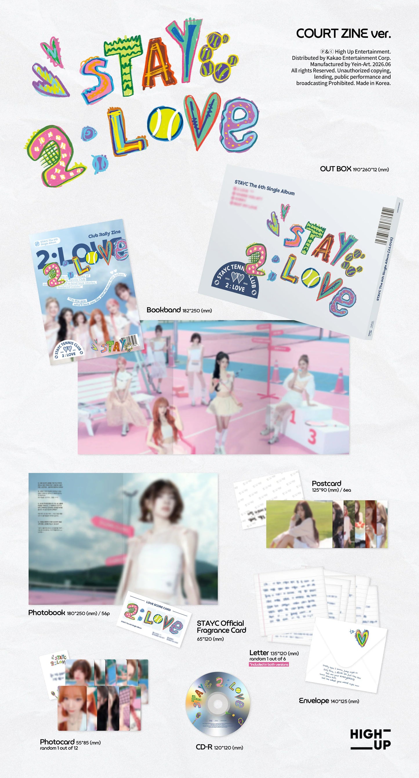 STAYC's 2LOVE album packaging with colorful text and product images on a white background