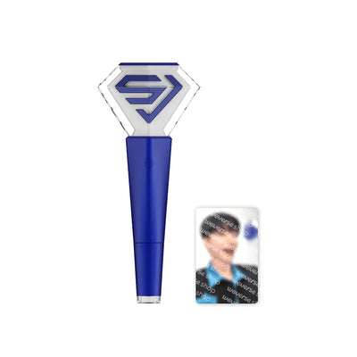Blue and white device (lightstick) with Super Junior logo and packaging on a white background