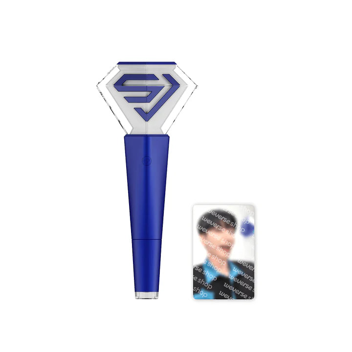 Blue and white device (lightstick) with Super Junior logo and packaging on a white background