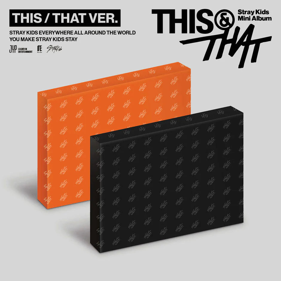 STRAY KIDS's This & That orange and black outbox on a gray background