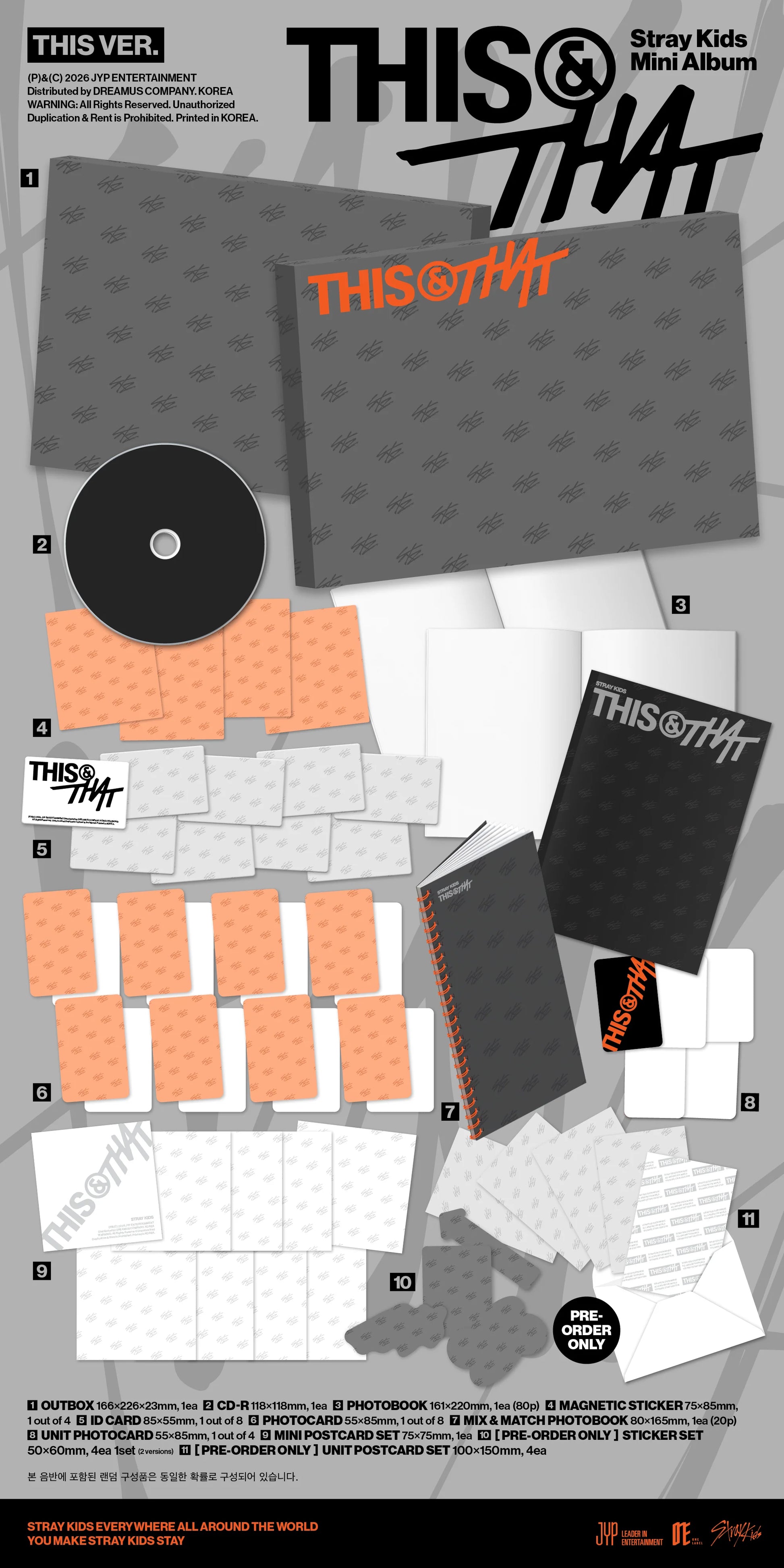 STRAY KIDS's This & That album inclusions showing CD, photobook, photocards, poster, ID cards.