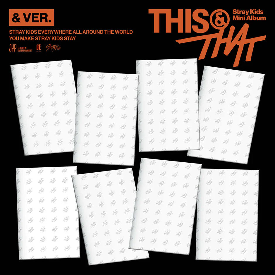 STRAY KIDS's This & That album showing 8 outer packaging on a black background
