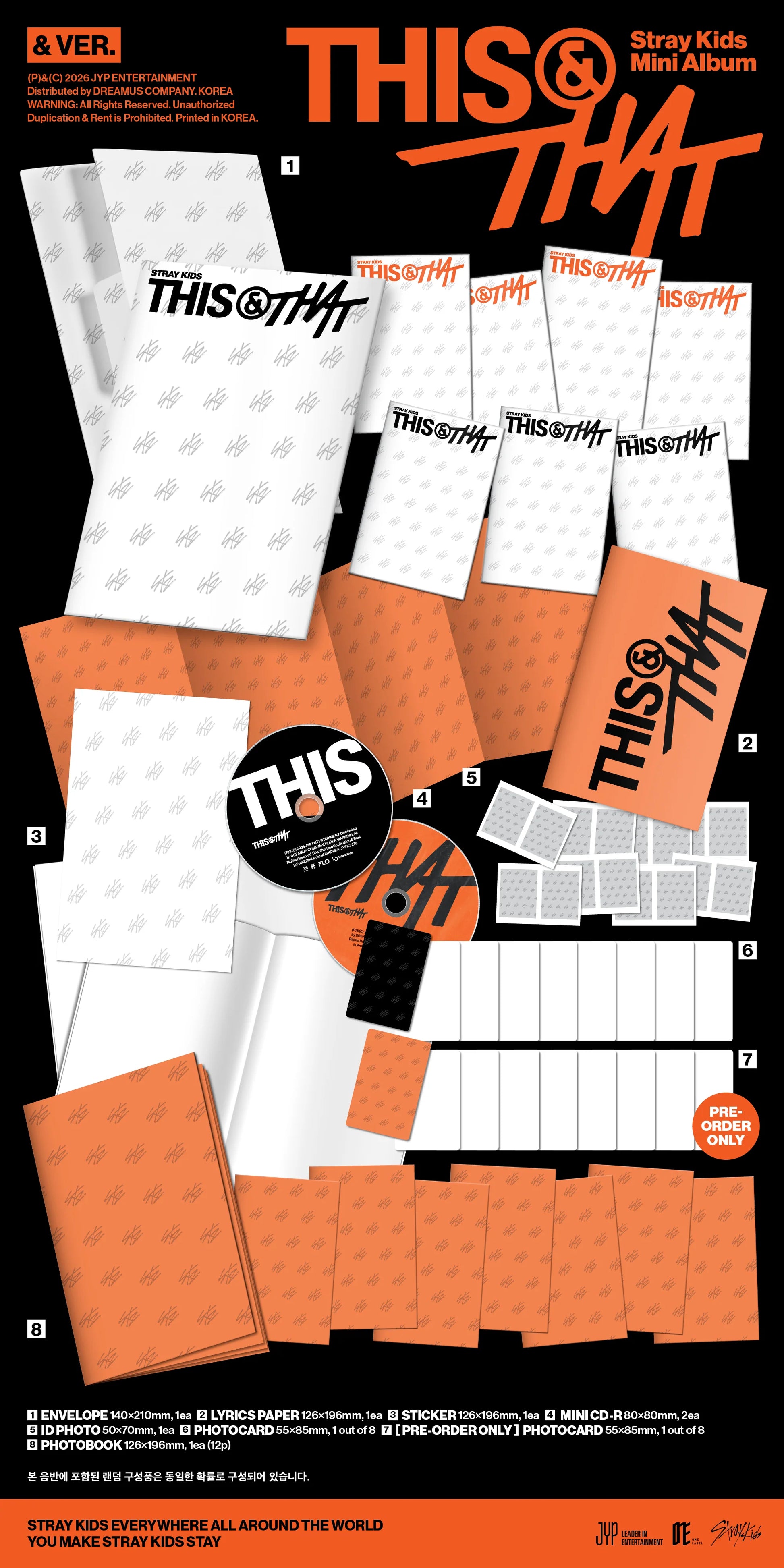 STRAY KIDS's This & That album inclusions showing lyrics paper, sticker, mini cd, id photo, photocard and photobook