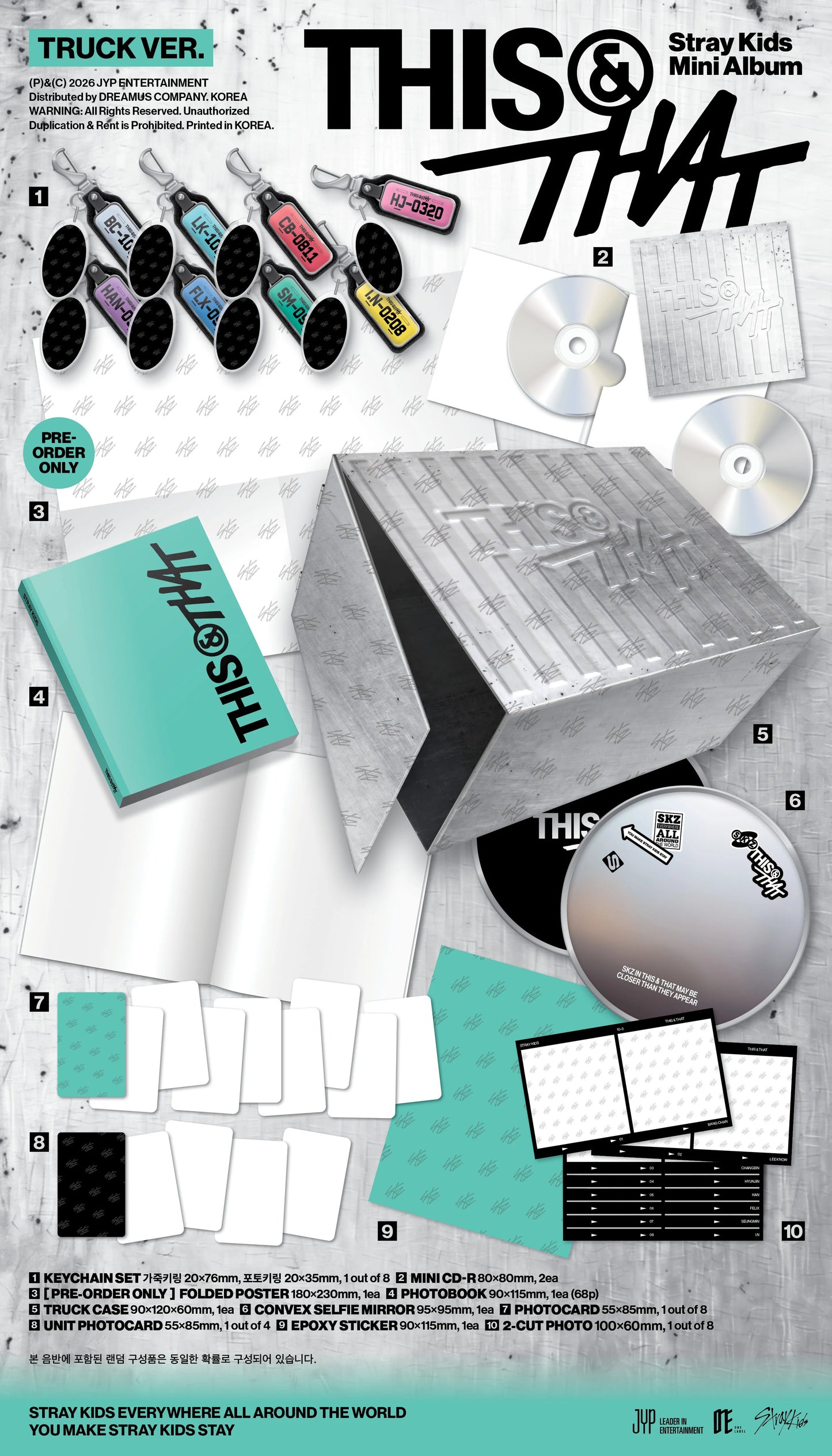 STRAY KIDS's This & That Truck Version inclusions showing keychain set, cd, photobook, photocard, unit photocard, epoxy sticker, and 2-cut photo