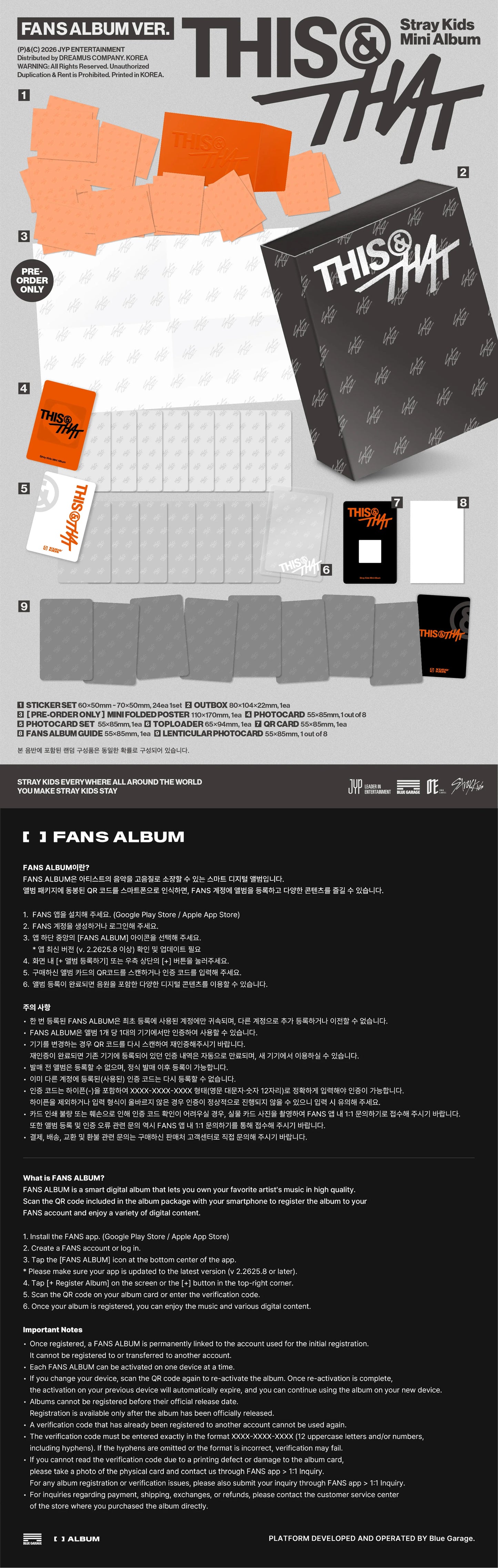 STRAY KIDS's album inclusions with sticker set, poster, and photocard pictured and the text 'This & That' at the top right corner of the page
