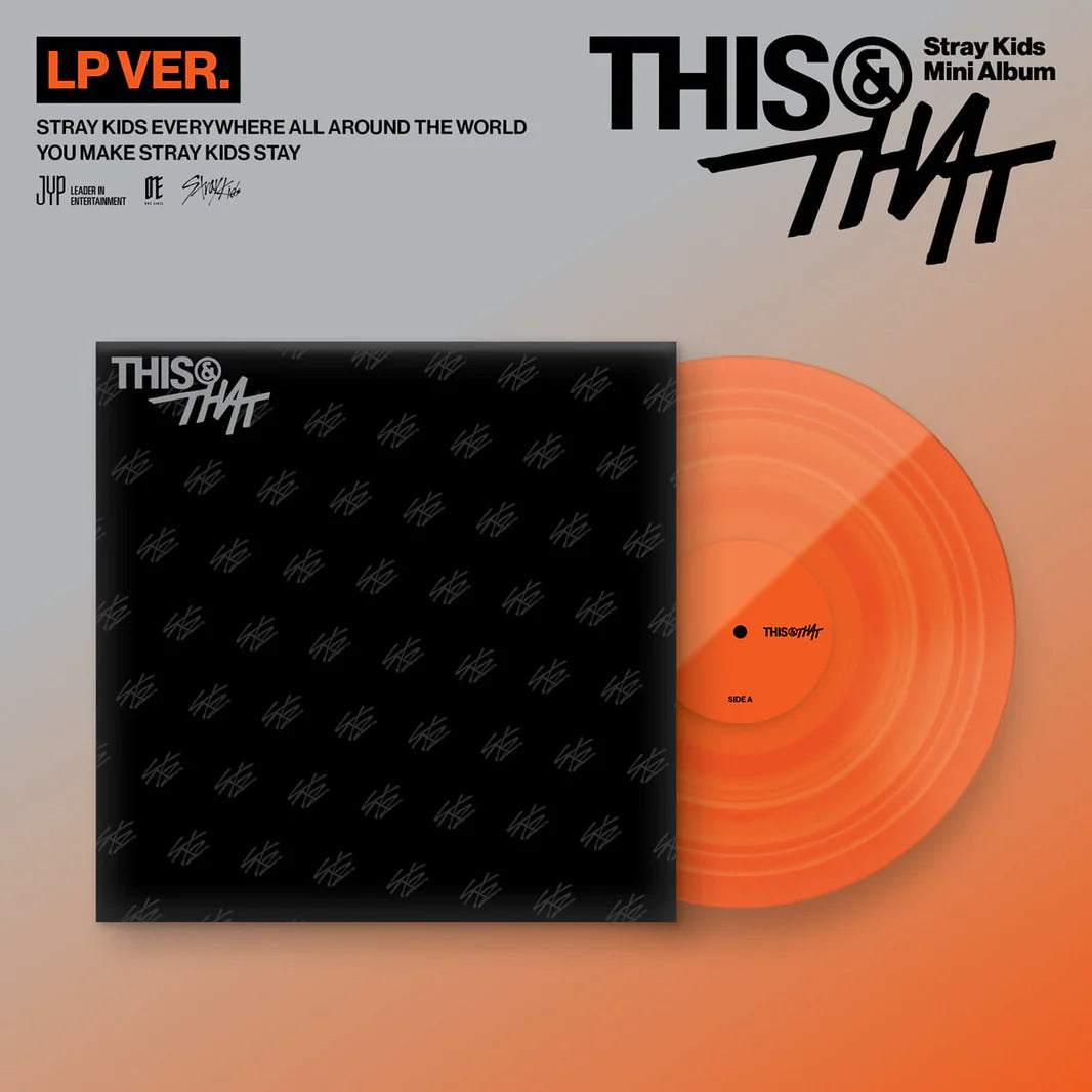 STRAY KIDS's This & That outer packaging shown with a vinyl LP on a orange-gray background