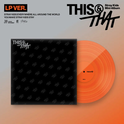 STRAY KIDS's This & That outer packaging shown with a vinyl LP on a orange-gray background