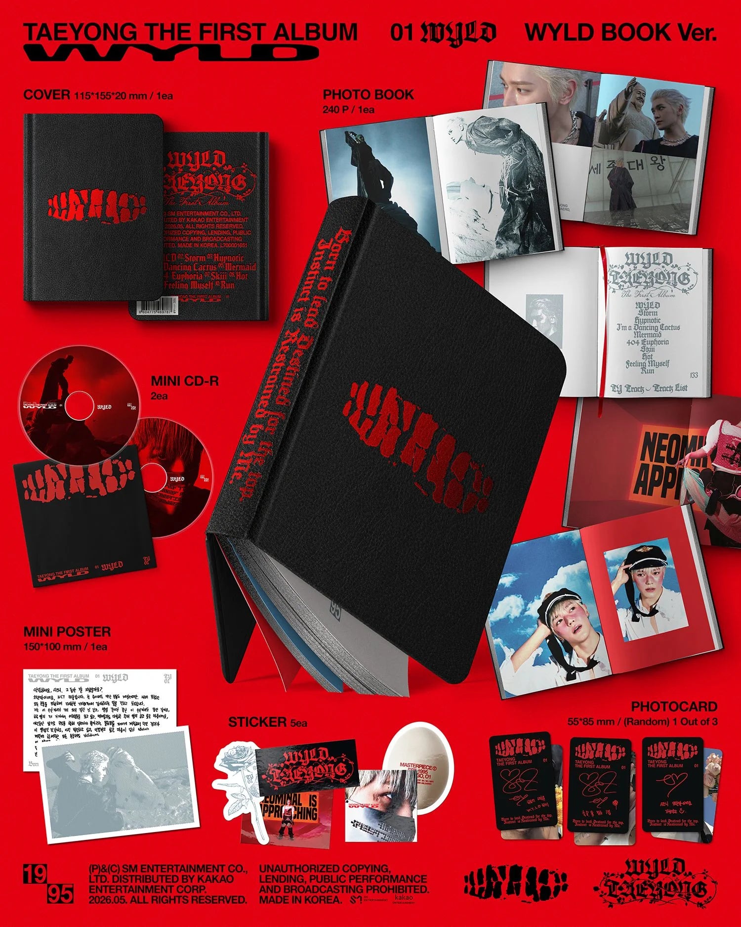 Promotional image of Taeyong's album 'WYLD' with various included items on a red background.