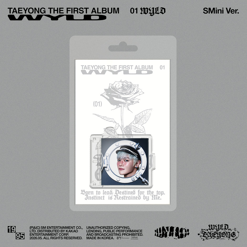 Album packaging for Taeyong's first album 'WYLD' with a rose design on a gray background