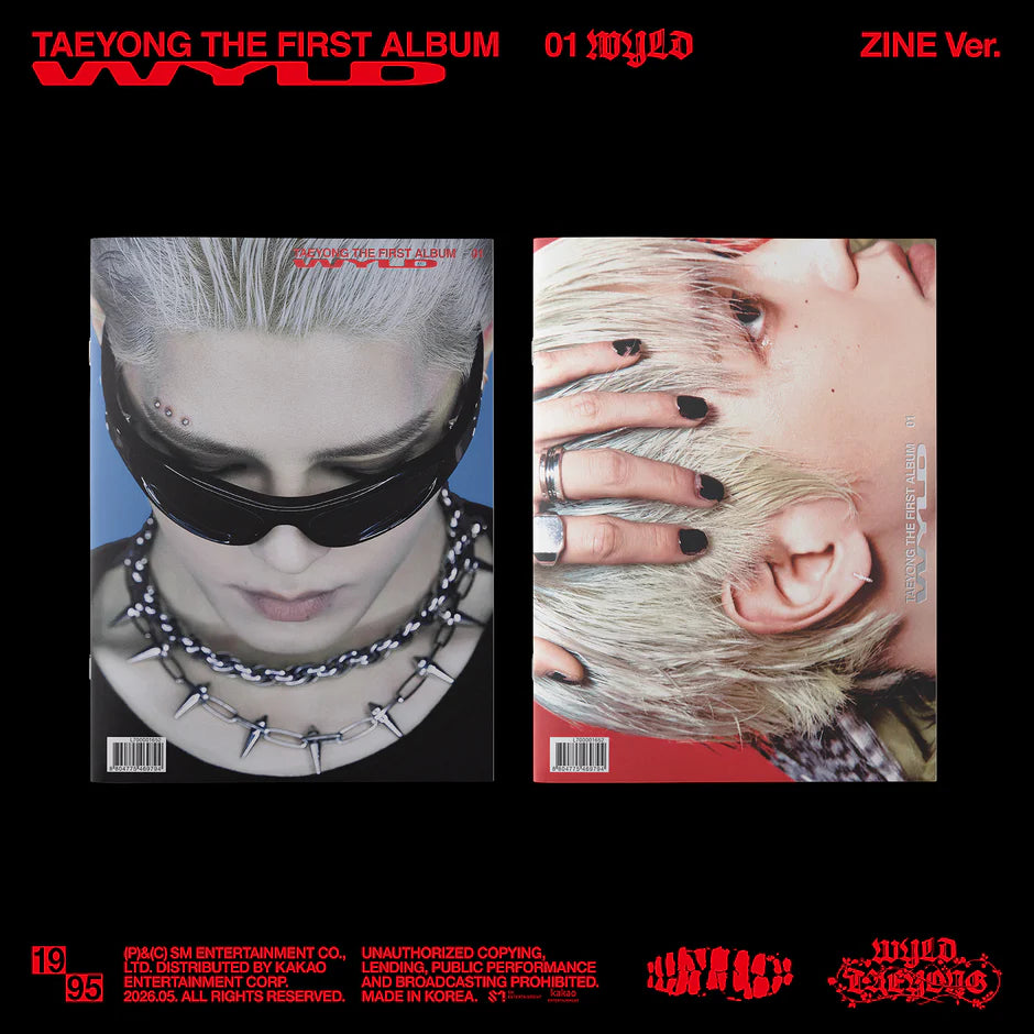 TAEYONG's 1st album cover with two of his portraits, one with a blindfold and the other with a hand near an ear, on a black background.