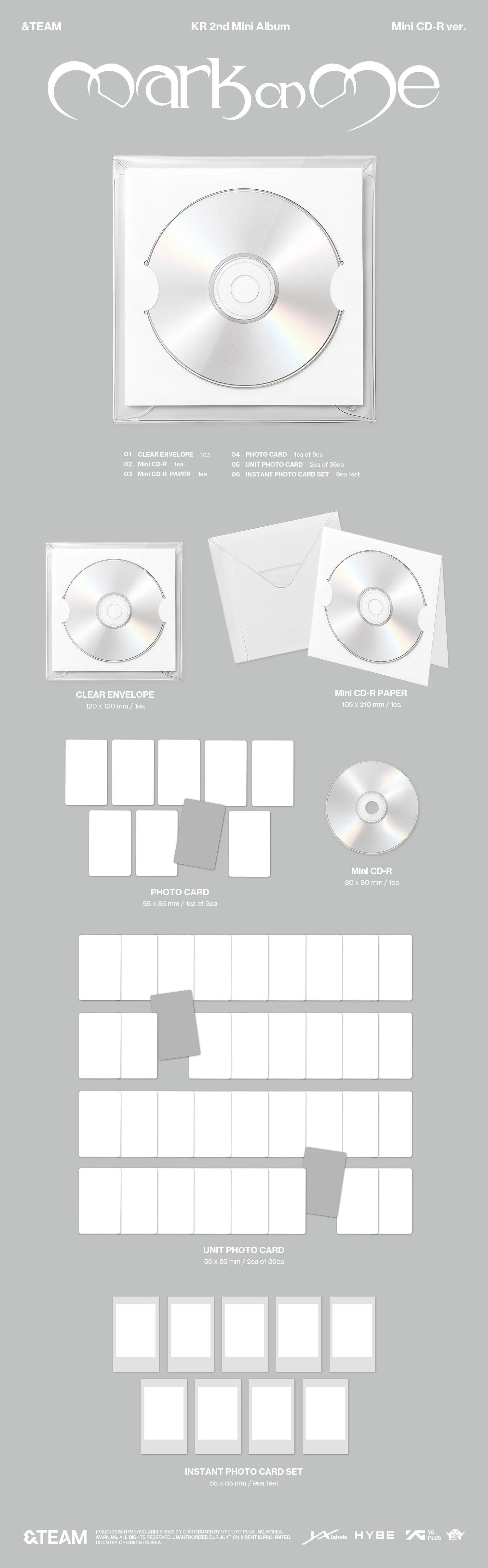 A flat layout diagram of &TEAM's 2nd mini album inclusions, showing a CD, an envelope, and various types of photocards on a light gray background. The top reads 'mark on me' in stylized script.