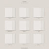 A minimalist stationery mockup sheet on a light warm gray background, showing a branded envelope, multiple sheets of blank paper, a small notebook or planner, circular and rectangular cardstock pieces, and several small flat packaging components. The top displays the wordmark 'mark on me' in a thin serif font for &TEAM's 2nd mini album