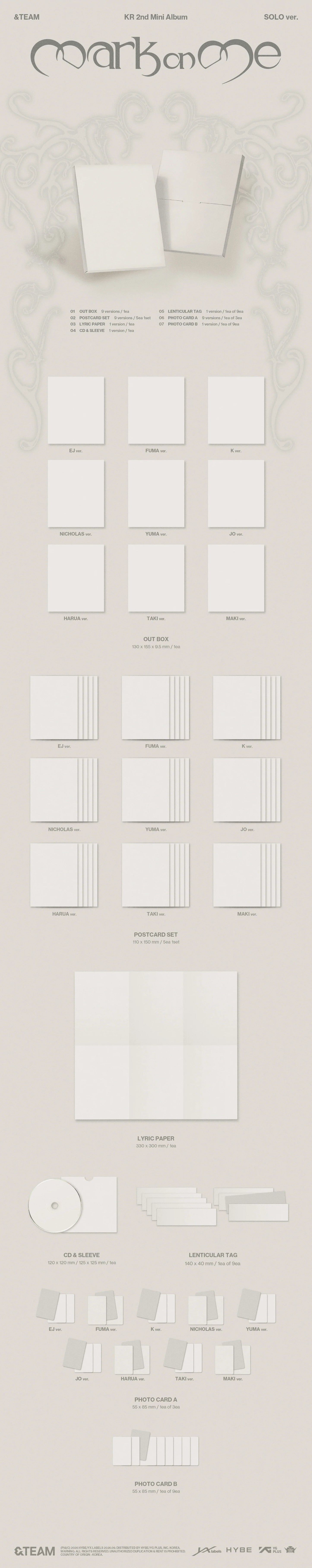 A minimalist stationery mockup sheet on a light warm gray background, showing a branded envelope, multiple sheets of blank paper, a small notebook or planner, circular and rectangular cardstock pieces, and several small flat packaging components. The top displays the wordmark 'mark on me' in a thin serif font for &TEAM's 2nd mini album