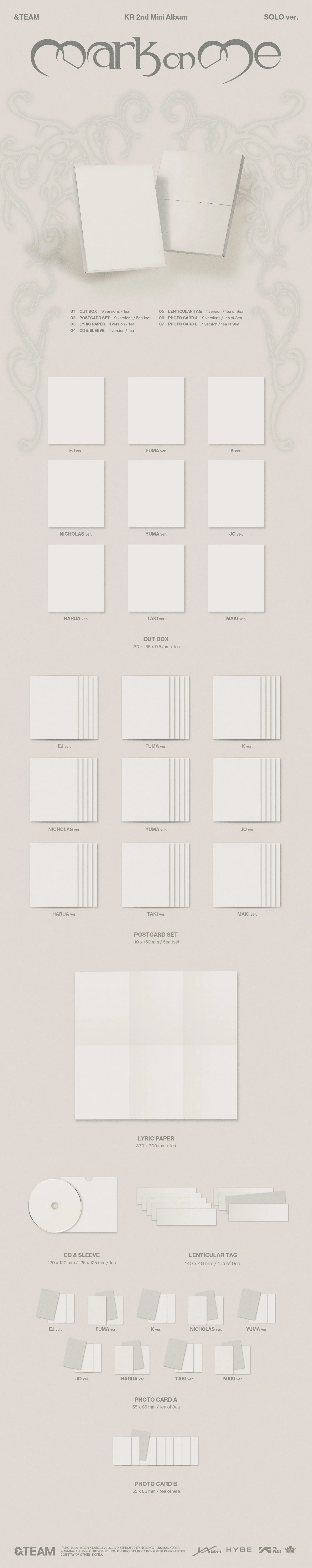 A minimalist stationery mockup sheet on a light warm gray background, showing a branded envelope, multiple sheets of blank paper, a small notebook or planner, circular and rectangular cardstock pieces, and several small flat packaging components. The top displays the wordmark 'mark on me' in a thin serif font for &TEAM's 2nd mini album