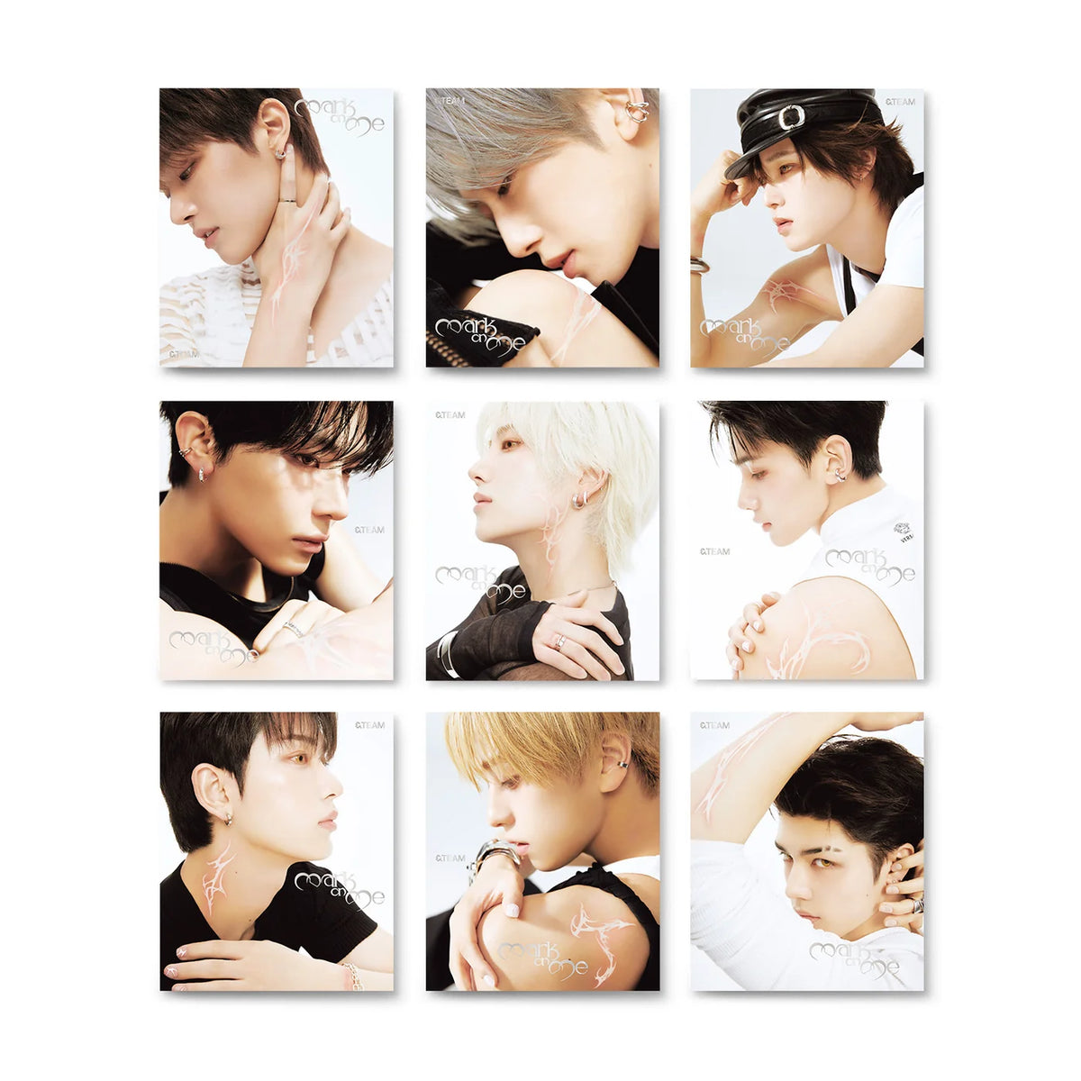 &TEAM album covers showing individual members on a white background