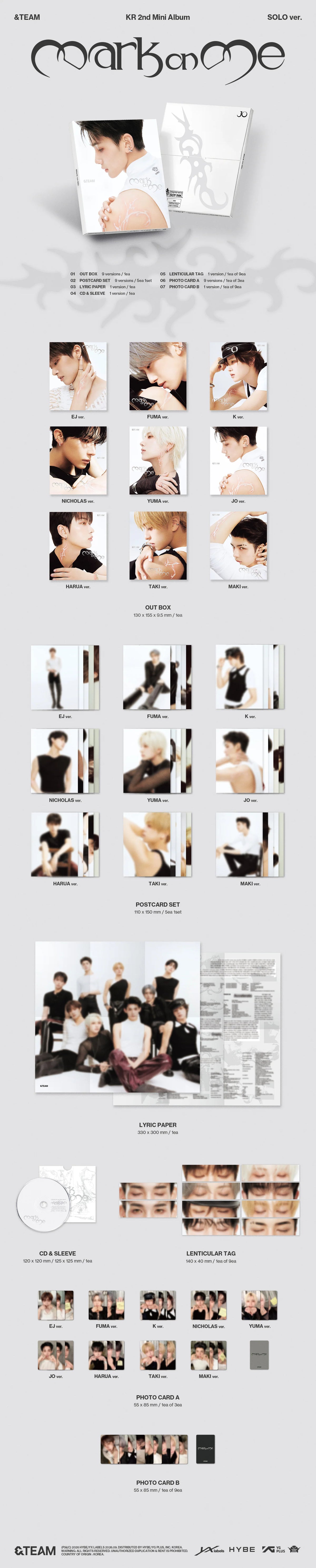 &TEAM's KR 2nd mini album inclusions showing the outbox, postcard set, lyric paper, CD, lenticular tag and photocards